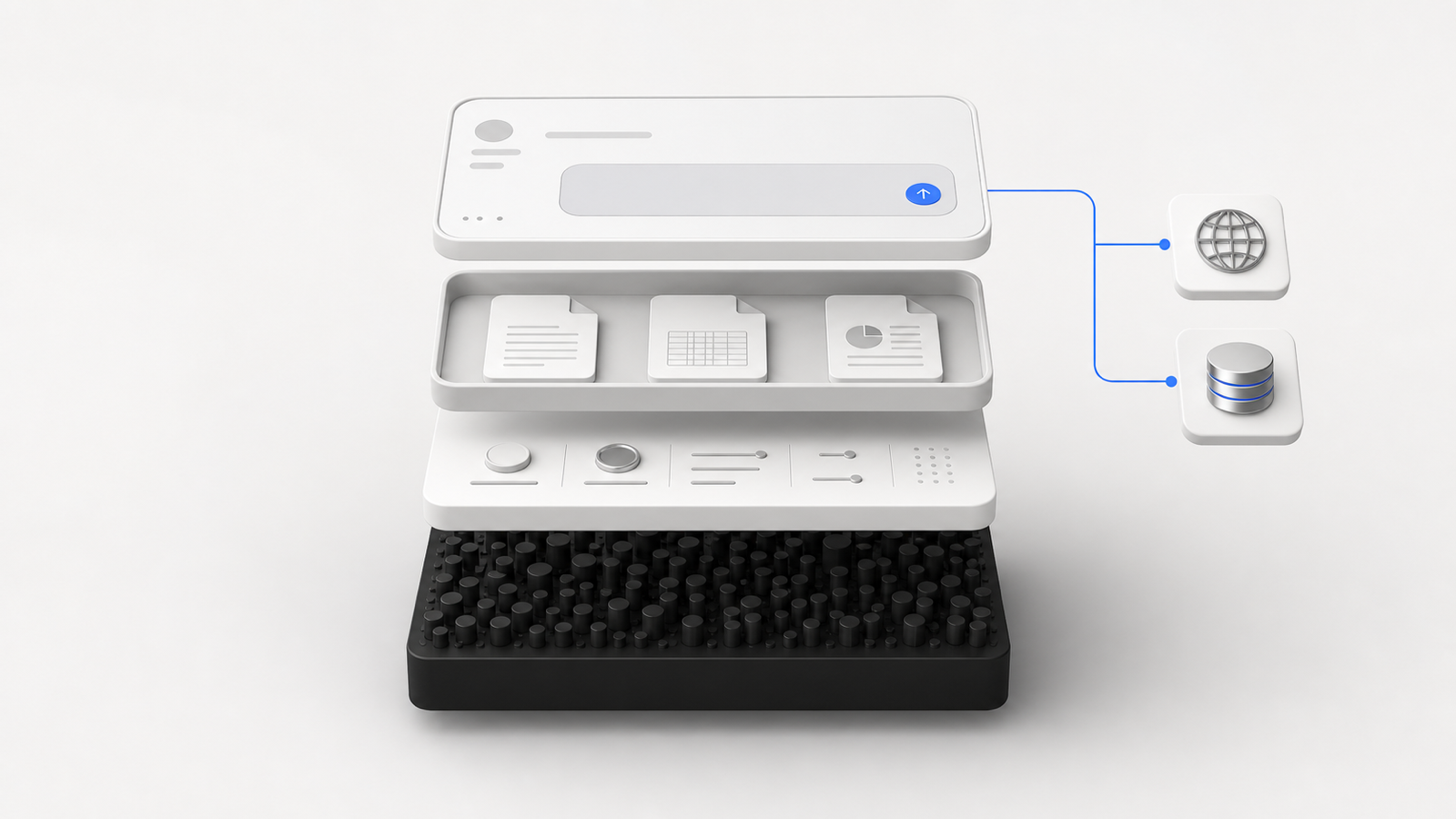 An exploded stack shows the model foundation, behavior controls, working context, assistant interface, and connected tools beneath modern AI.