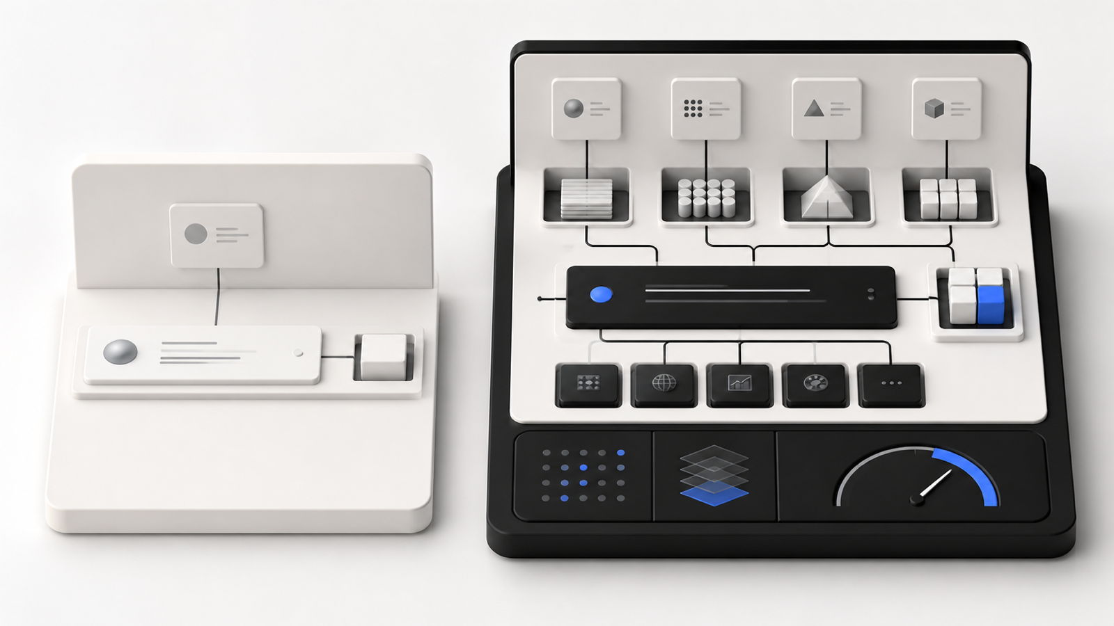 A basic AI workspace compared with a larger paid workspace offering more capacity, tools, context, and reliability.