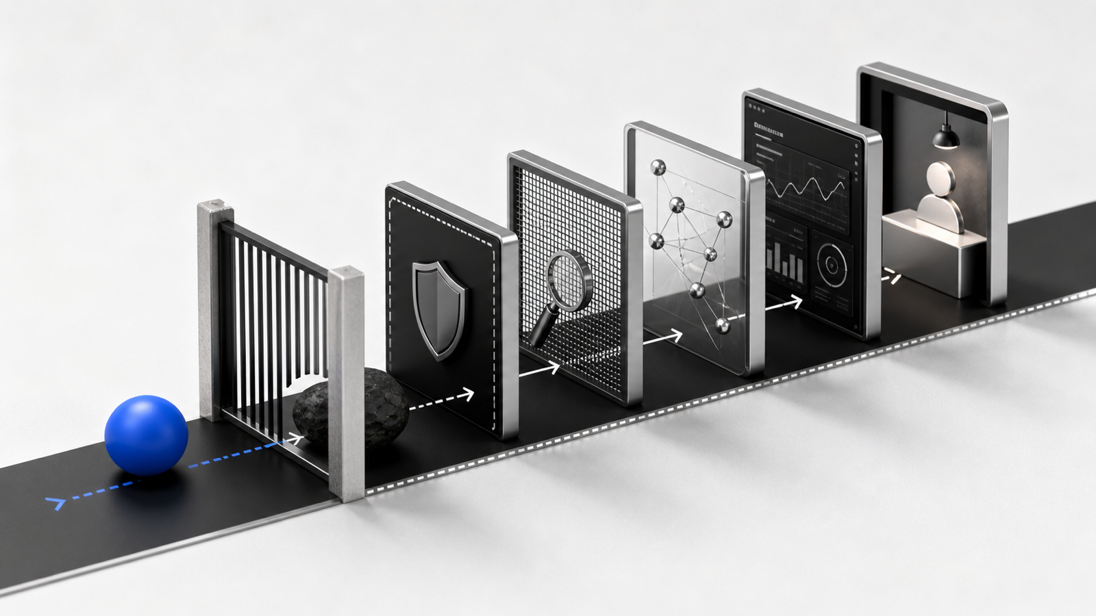 A brittle first gate gives way to layered policy, context, monitoring, and human-review controls.