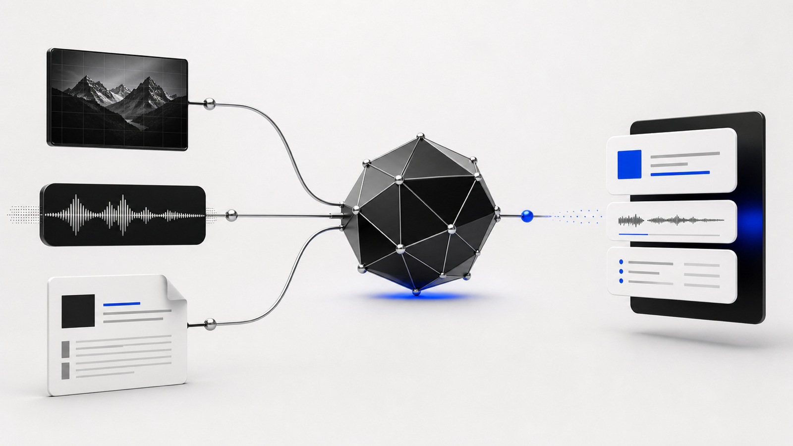 Image, audio, and document streams converge into one model and leave as a structured output.
