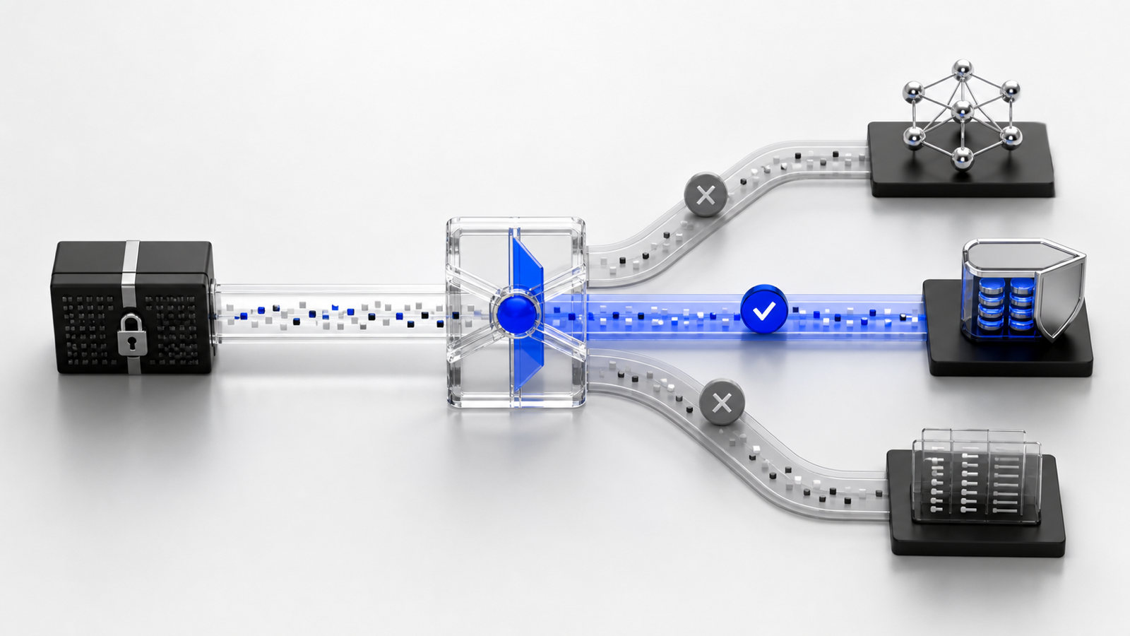 A private data packet reaches a policy junction that routes retention, training, and logging choices.