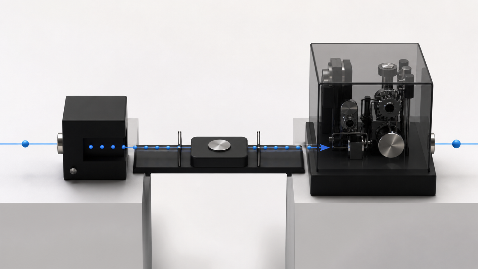 A standardized service bridge carries a request into a complex system and returns a finished result.