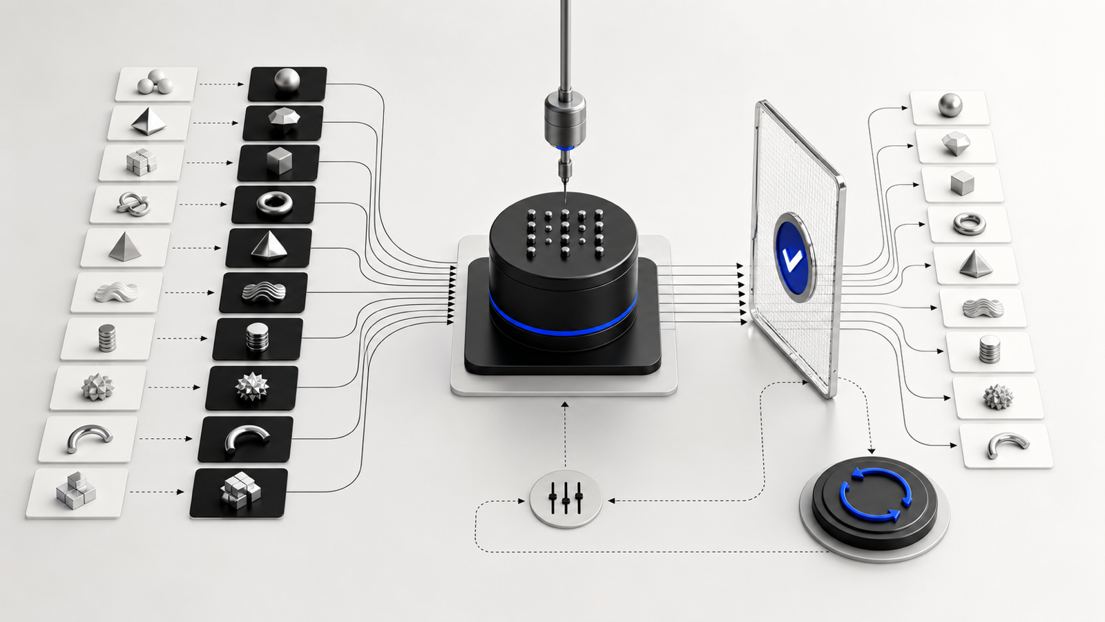 Curated input and output examples adjust a model before a separate validation and maintenance loop.