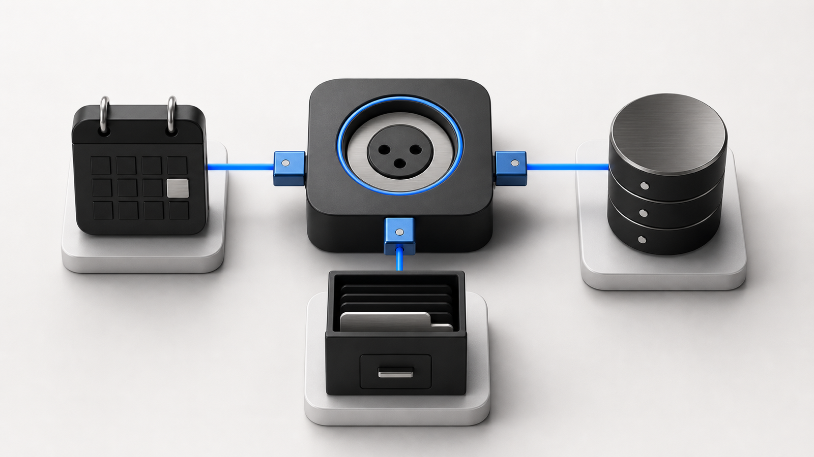 One standardized connection links an AI assistant to a calendar, database, and document system.