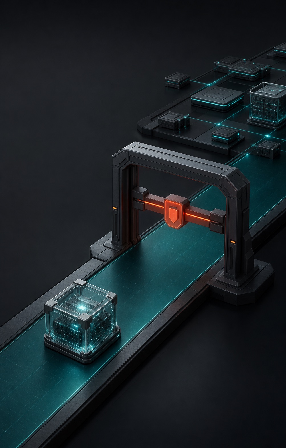 A software package approaches a closed safety interlock before a production network