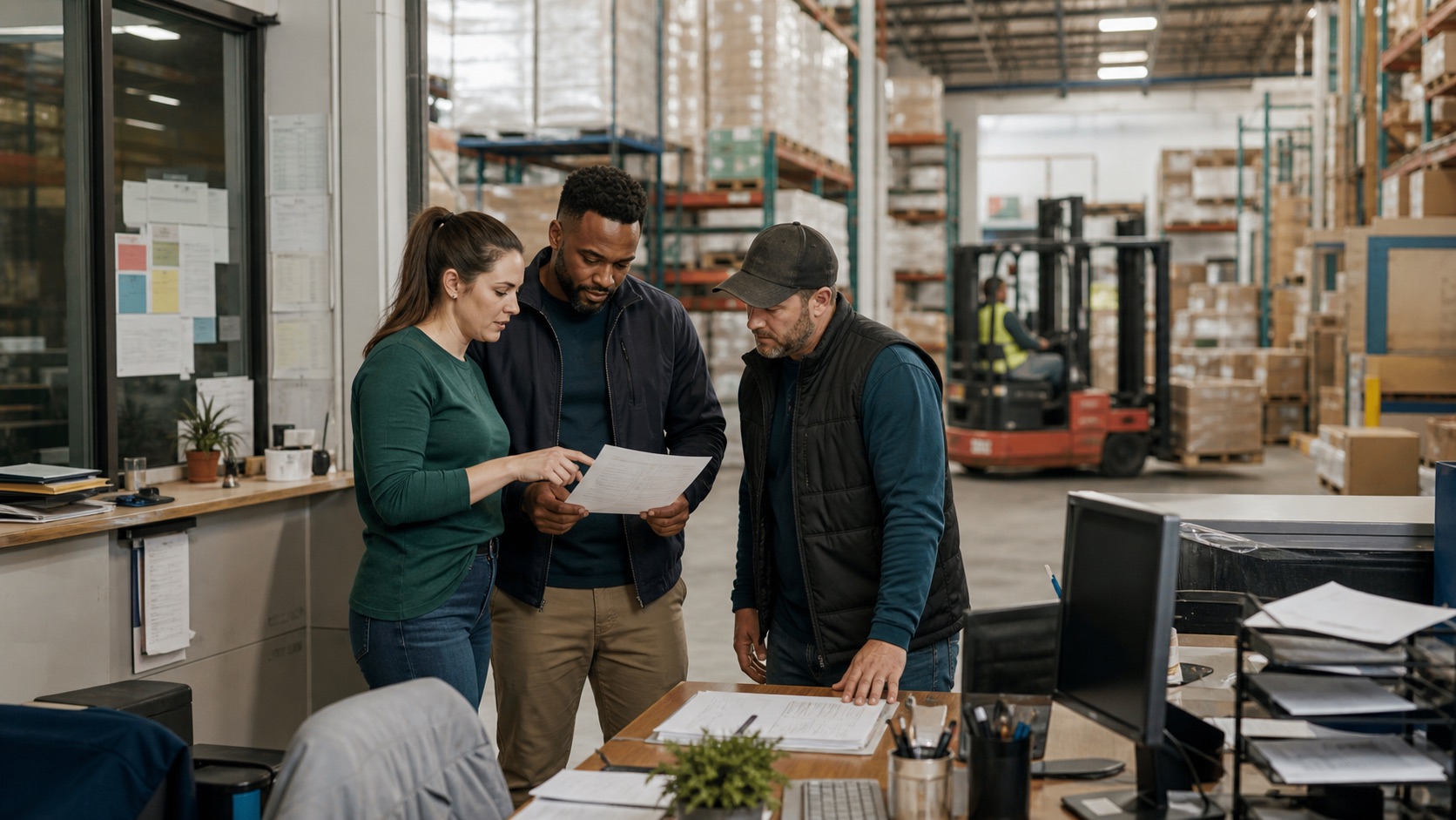 Distribution-company team reviewing order exceptions together in a warehouse office