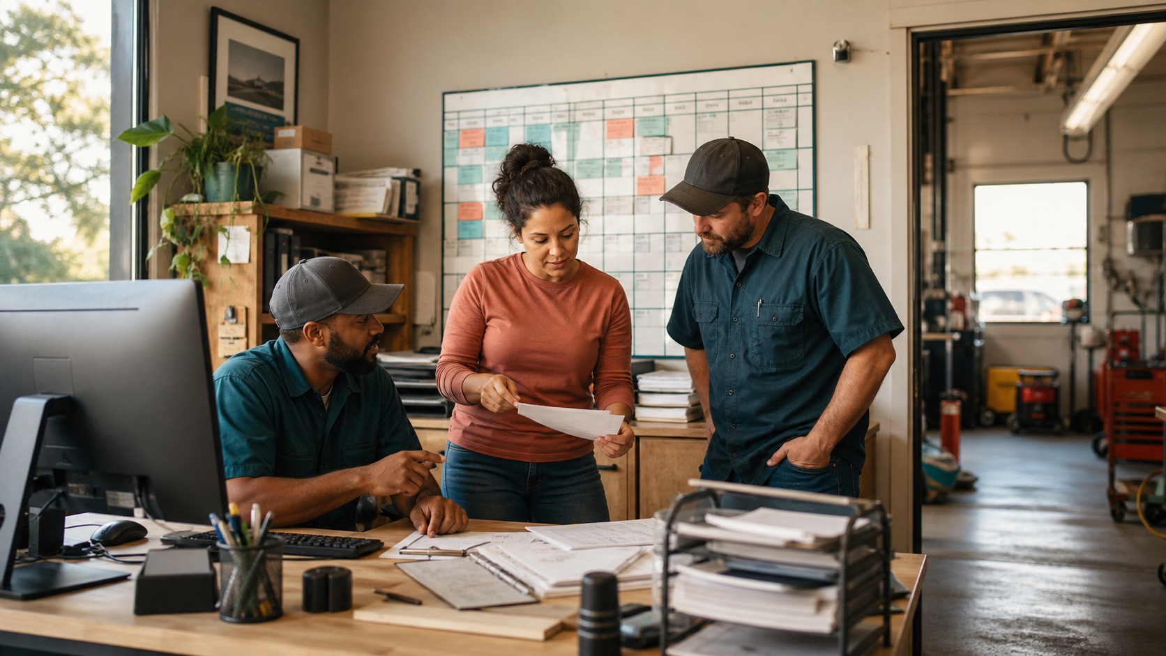 Home-services team reviewing quote requests together in their office
