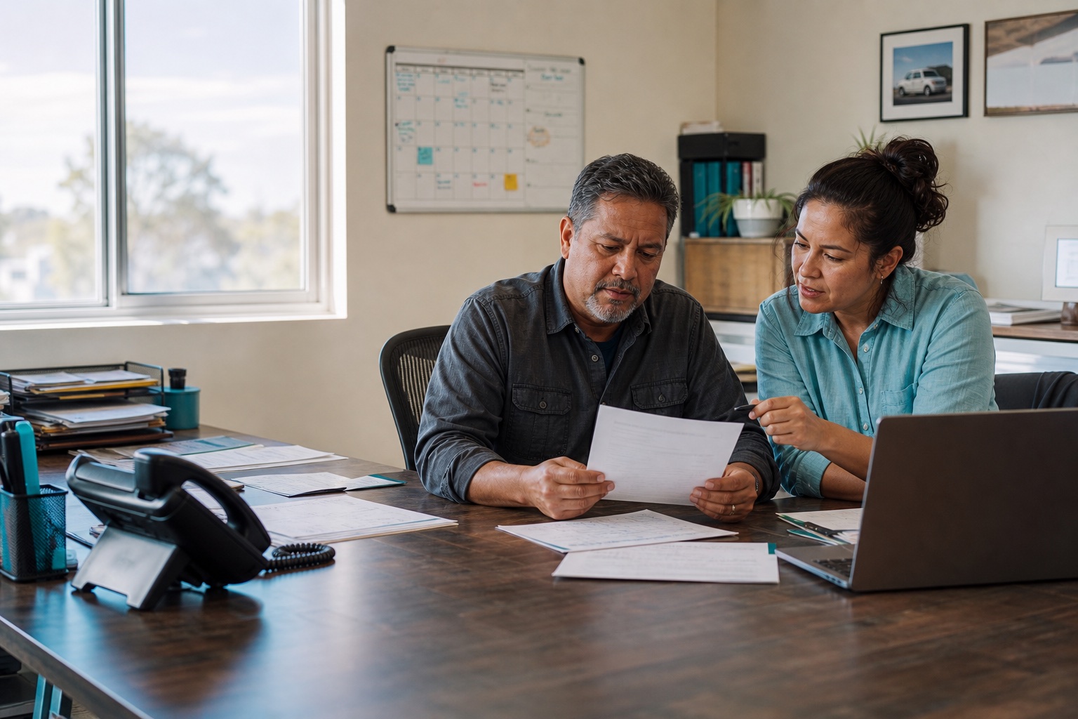 Small-business owner and team member reviewing a customer quote in a working office